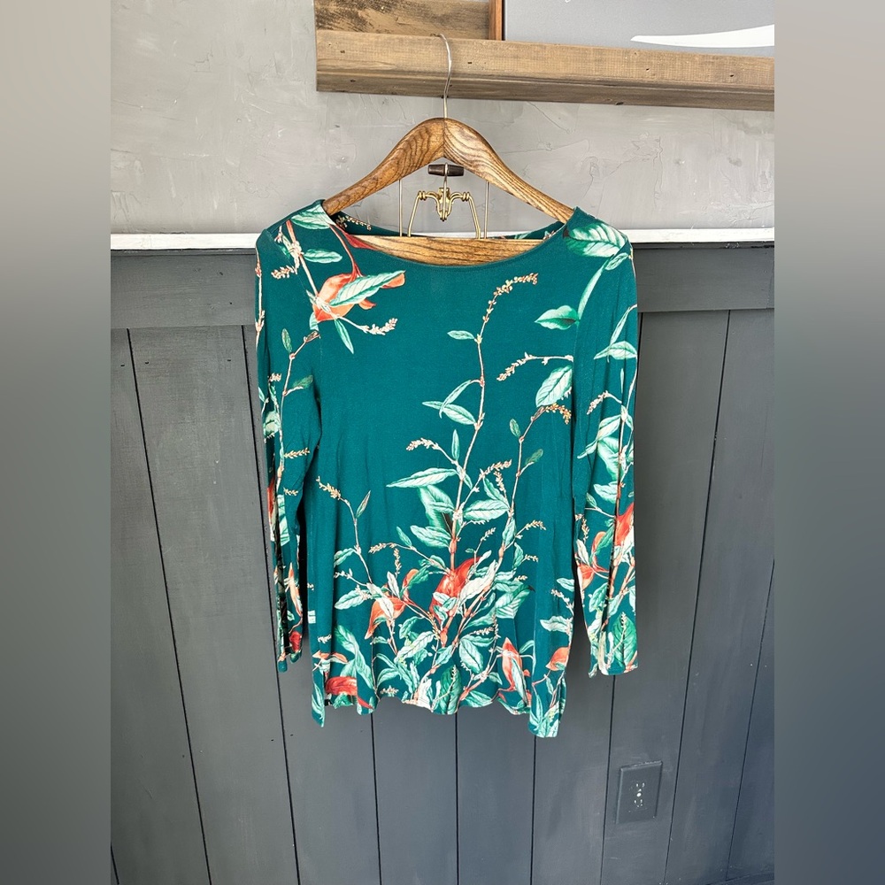 Chicos 0 Floral Print Tee Women's Small 3/4 Sleeve Teal Tropical Stretchy